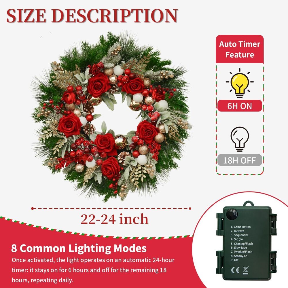1060 24 Inch Artificial Christmas Wreath for Front Door, Christmas Rose - Picture 3 of 8